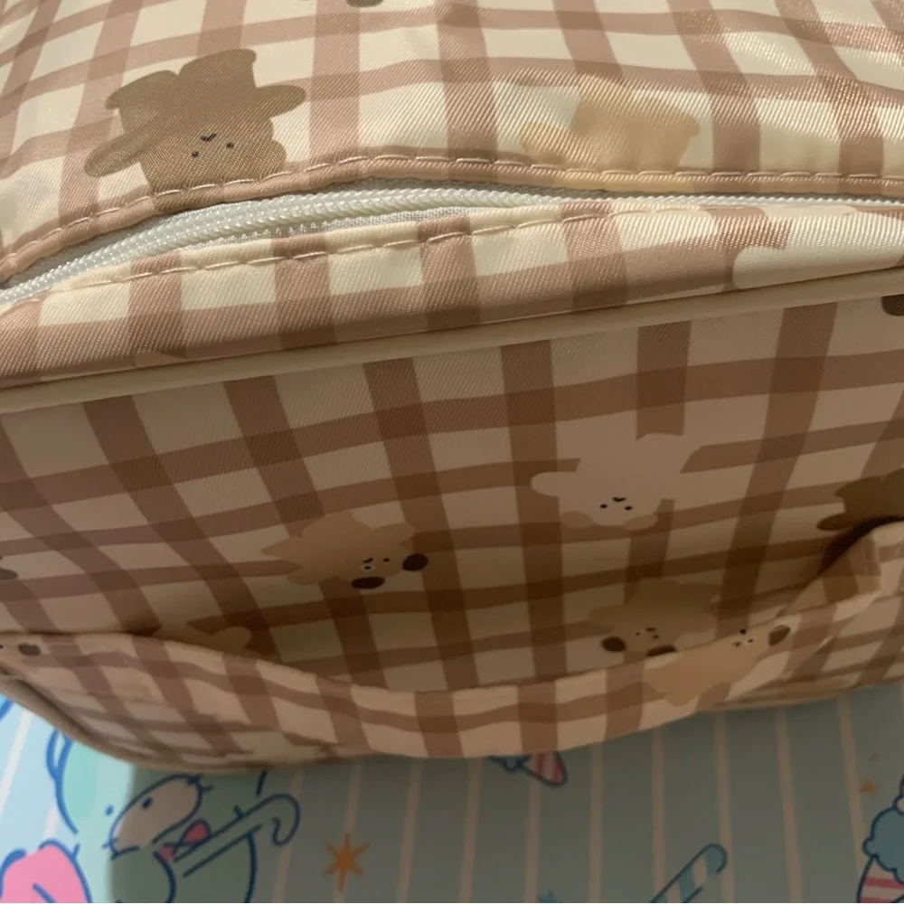 Teddy Bear Gingham Print Cosmetic Case Makeup Bag with Zipper and Handle NWOT